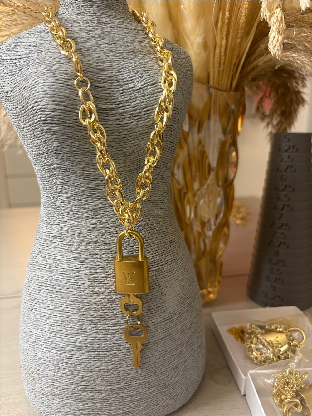 #300 Louis Vuitton Gold-Tone Padlock and‎ Key Pendant Necklace